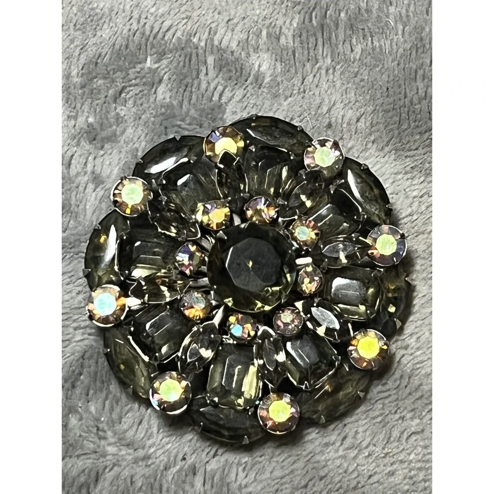 Vintage Smoky Gray Rhinestone Brooch AB Crystal Statement Pin Retro Glam Chic